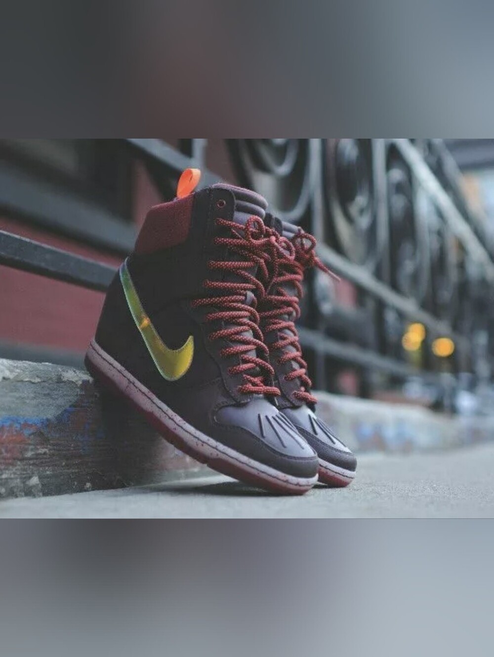 Nike Dunk Sky Hi Wedge Sneaker in Burgundy with Gold Swoosh